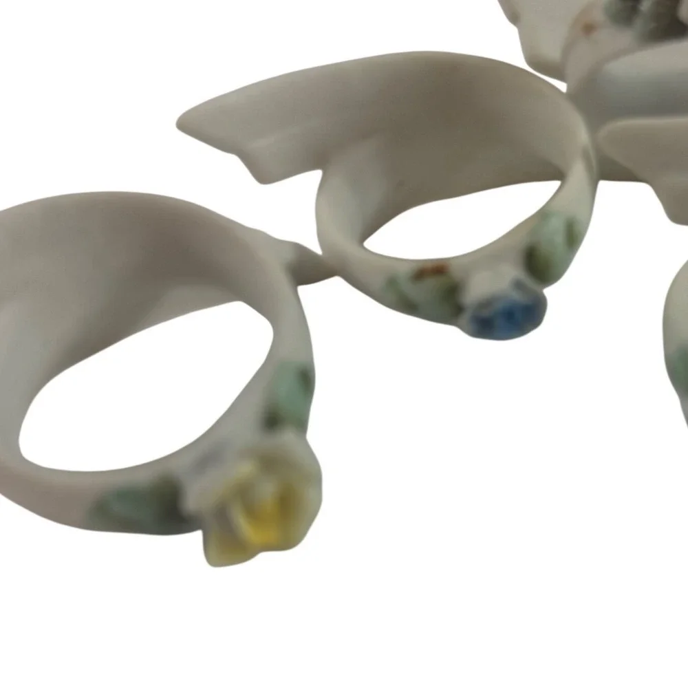 16 Vintage Porcelain Rose Napkin Rings Floral Ribbon Scroll‎ Set Made in Japan